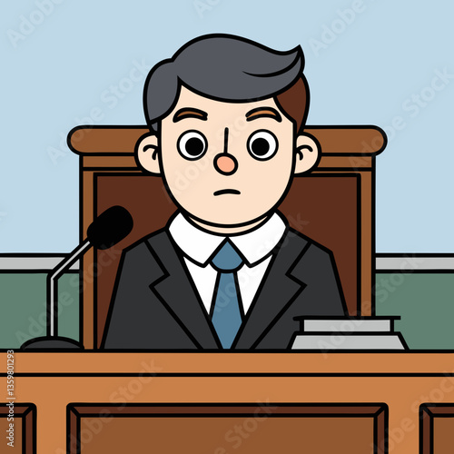 Judge in Courtroom: A serious judge sits at the bench in a courtroom, ready to preside over proceedings. The illustration style emphasizes seriousness and authority.