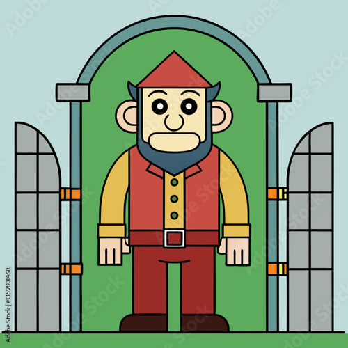 Cartoonish Gatekeeper: A jovial cartoon character, a gatekeeper stands before a garden gate, symbolizing access, welcome, and entry. The scene's simplicity hints at themes of guidance, security.