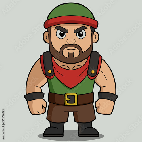 Cartoon Warrior with Determined Look: A stylized cartoon illustration of a determined warrior, clad in combat attire, with an intense expression, ready for action.