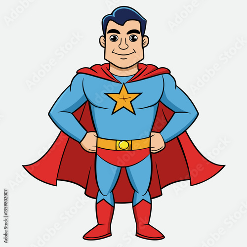 Superhero Standing Proud: A strong and confident superhero, clad in a vibrant suit and a flowing cape, strikes a powerful pose, embodying strength and heroism with an infectious smile.