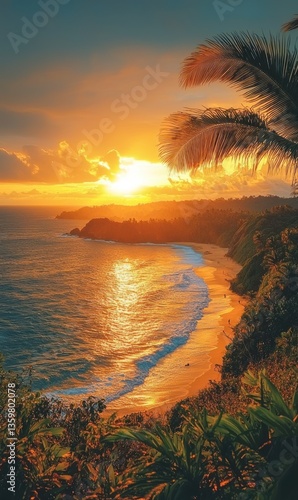 Golden Hour at Tropical Beach Paradise with Palm Trees and Ocean Waves