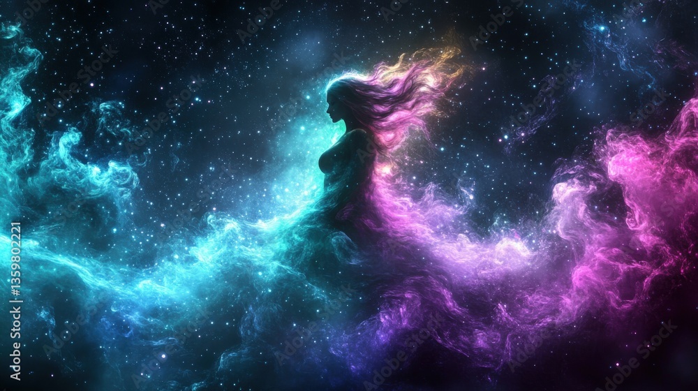 Fototapeta premium Surreal Cosmic Woman Silhouette in Vibrant Nebula Colors
