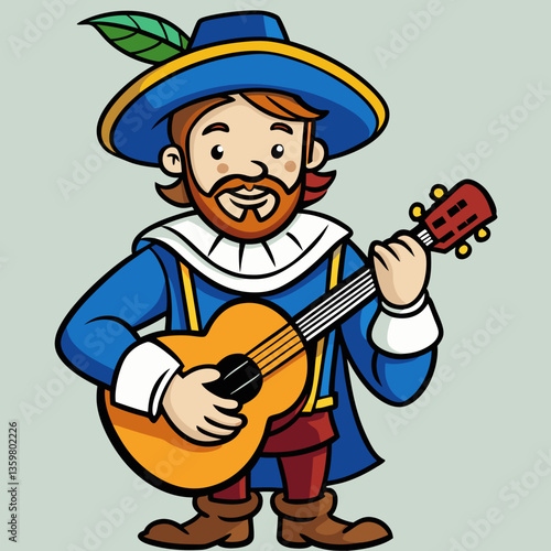 A Musical Troubadour: A jovial troubadour in regal attire strums a classic guitar, with a cheerful expression and a feathered cap, bringing a touch of historical flair.