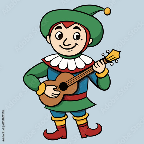 Joyful Jester with Guitar: A cheerful jester plays a guitar, the delightful illustration in a captivating display of artistic expression and vibrant hues.
