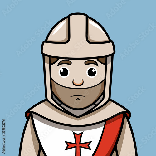 Templar Knight Cartoon: A cartoon illustration of a medieval Templar knight, wearing his distinctive white robe with a red cross, and a beige helmet. His expression is serious and thoughtful.