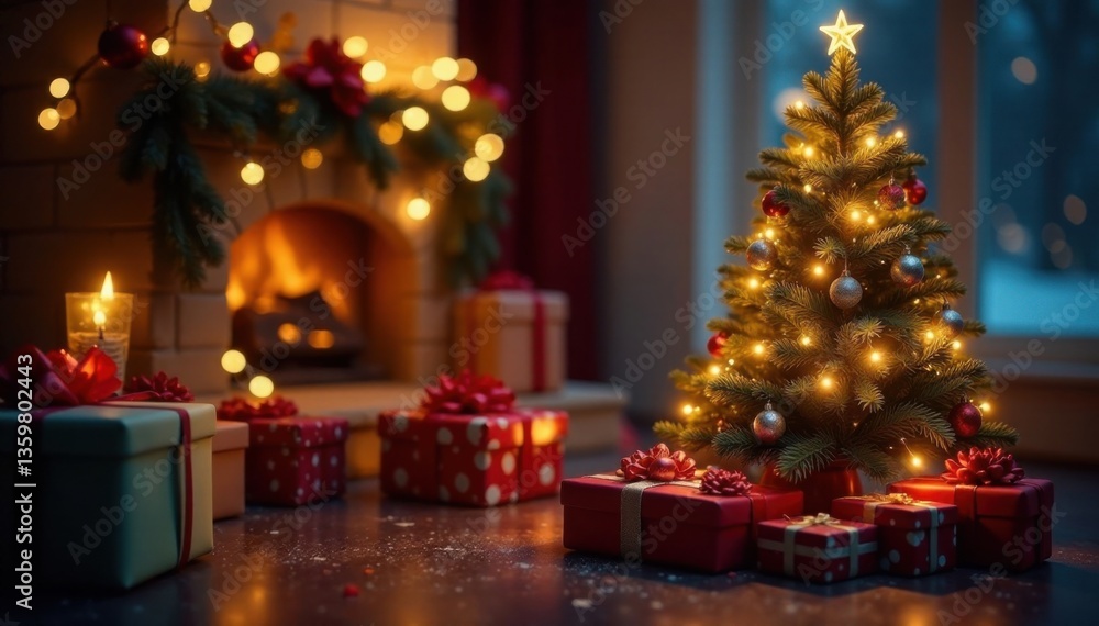 Array of beautifully lit presents and a stunning Christmas tree , cozy interior, snow-covered scene, Gift wrapping Array of beautifully lit presents and a stunning Christmas tree , cozy interior, snow-covered scene, Gift wrapping