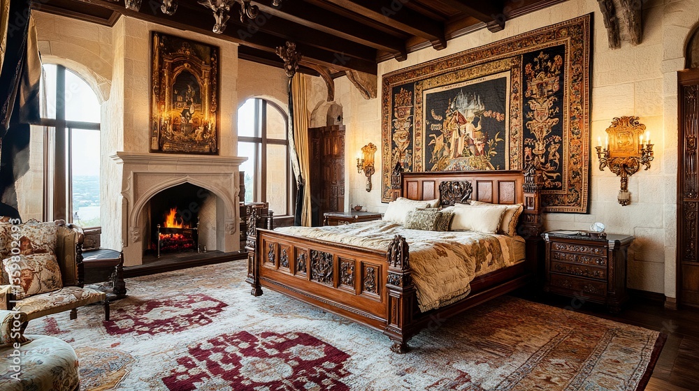 Fototapeta premium Luxurious castle interior, stately bedroom with a carved wooden bed, stone fireplace, rich tapestries adorning the walls, and plush rugs, front-facing perspective. 