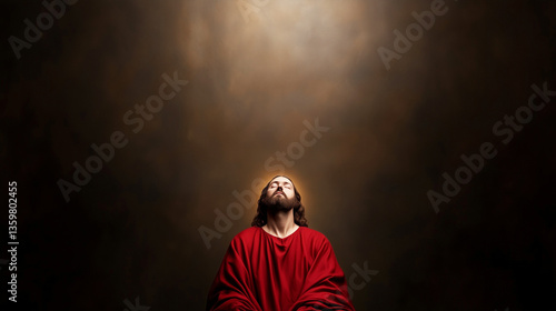 disciple of Jesus christ looking up in prayer into devine light