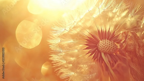 A close-up of a dandelion seed head illuminated by warm light, creating a dreamy atmosphere.