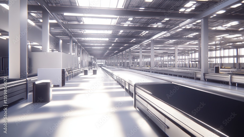 Fototapeta premium A spacious, modern industrial interior with bright lighting and minimalist design.