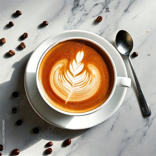 Elegant Overhead Shot of White Ceramic Coffee Cup with Latte Art on Marble Table – Stylish Coffee Photography