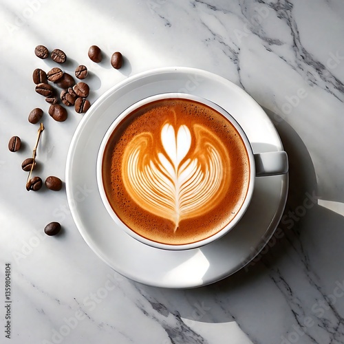 Elegant Overhead Shot of White Ceramic Coffee Cup with Latte Art on Marble Table – Stylish Coffee Photography