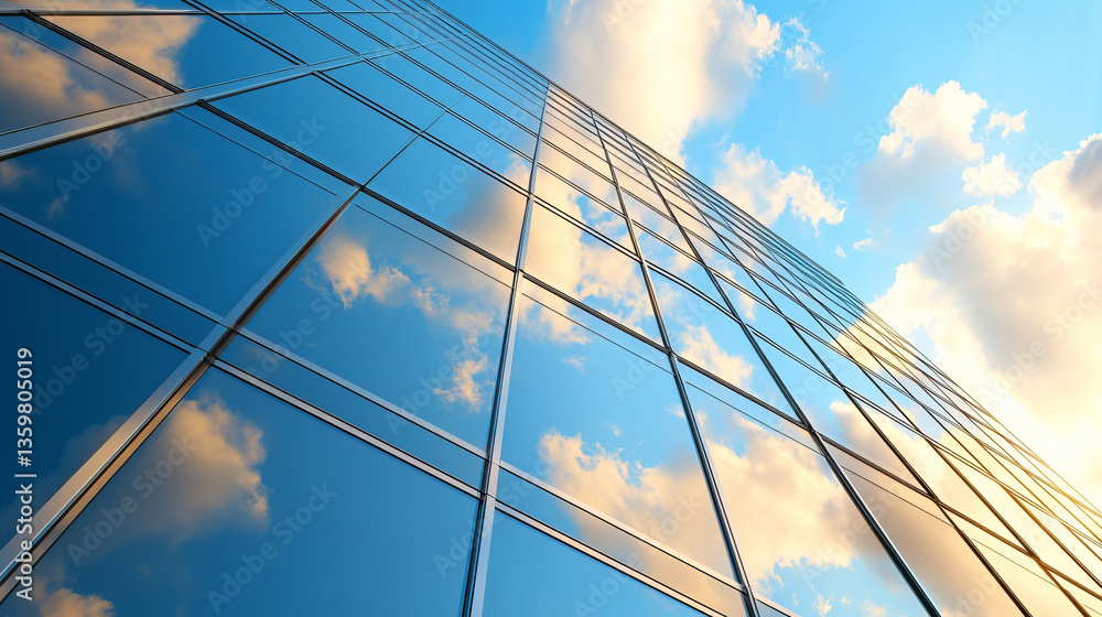 Modern glass building reflecting clouds and blue sky, showcasing architectural beauty and urban design Modern glass building reflecting clouds and blue sky, showcasing architectural beauty and urban design