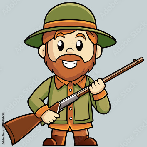 Smiling Hunter Cartoon: A cheerful cartoon hunter with a friendly face, ginger beard, and green hat holds a rifle, radiating a sense of adventure and outdoor spirit.