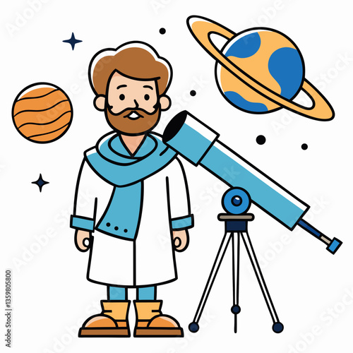 Stargazing Explorer: An illustration of an astronomer with his telescope, observing celestial bodies, representing the pursuit of knowledge and discovery.