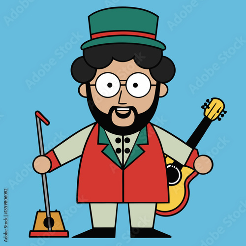 The Musical Performer: A charming illustration showcases a lively performer, guitar in hand and microphone at the ready, embodying the spirit of entertainment with a vibrant, illustrative style.