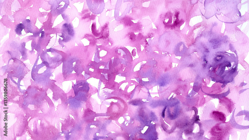 Fototapeta premium Purple Watercolor Abstract Brushstroke Pattern in 16:9 Screen Size, Powerpoint Display. Hand Painted Wallpaper Surface and Background.