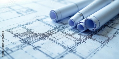 Blueprint photo effect with architectural plans, office layouts plans , construction plans