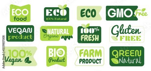 Eco, vegan, organic food and natural product labels and elements for food market, organic products packaging, ecommerce. Ecology icons set. Vegan food diet icon, bio and healthy food.
