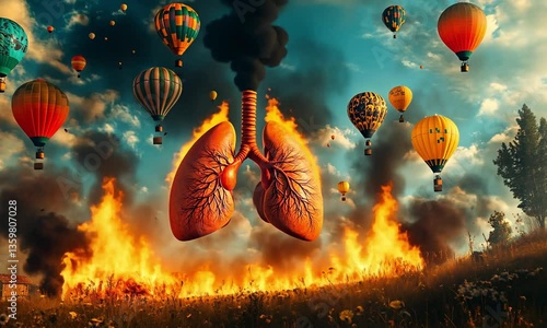 The journey from detrimental impact to healing captured by flaming lungs and colorful hot air balloons, created with Generative AI technology