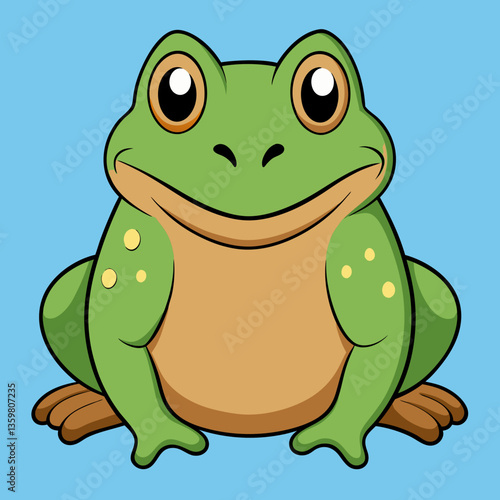 Cute Cartoon Frog: A charming cartoon frog with big endearing eyes and a bright green body sits patiently against a pale blue backdrop, its innocent gaze inviting viewers to smile.