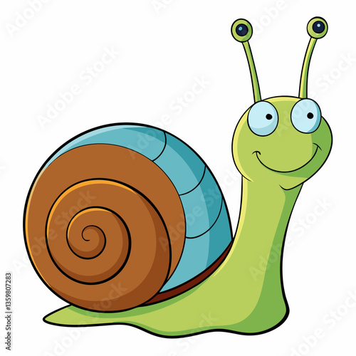 Whimsical Snail Cartoon: A charming cartoon of a snail with a smiling expression, depicting the creature in vibrant colors, and embodying the whimsical essence of nature.