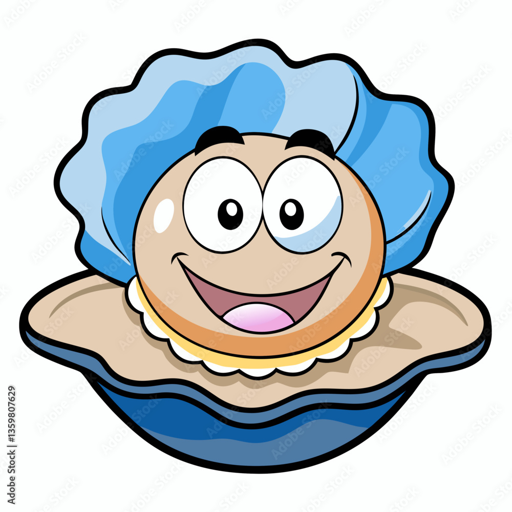 Obraz premium Happy Cartoon Pearl in Blue Seashell: A vibrant cartoon illustration of a cheerful pearl character nestled in a blue seashell, radiating joy and ocean wonder.