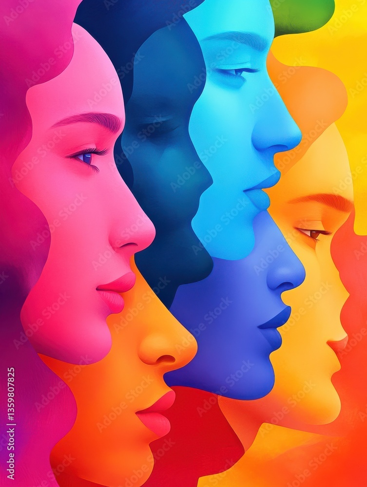 Abstract illustration of diverse people's profiles in vibrant colors. Abstract illustration of diverse people's profiles in vibrant colors.