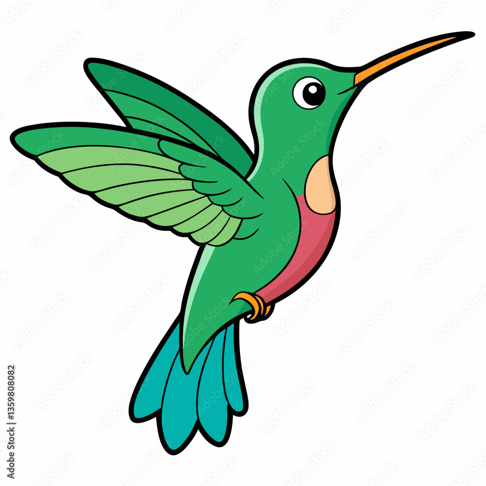 Obraz premium Vibrant Hummingbird Illustration: A lively hummingbird, rendered in vector art with bold green and blue tones, flits mid-air.