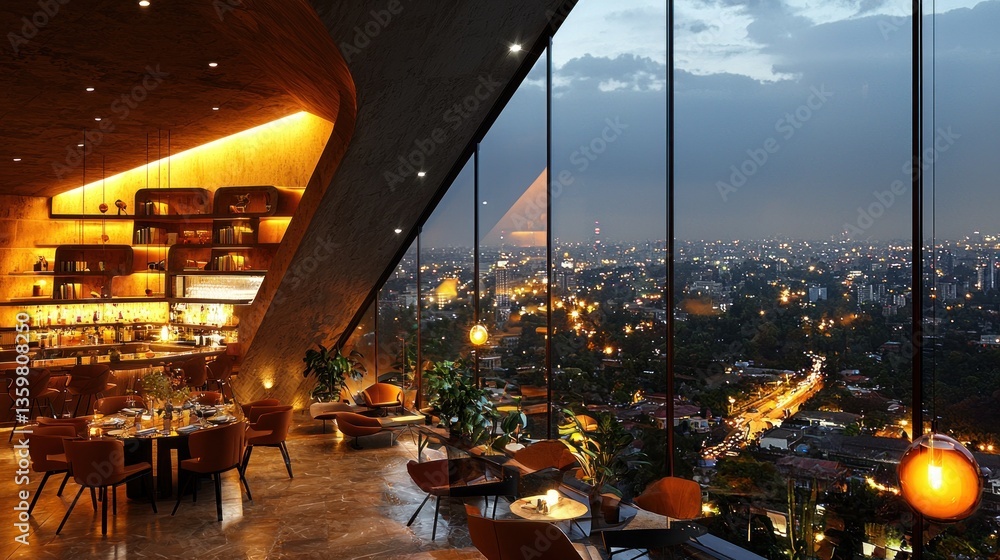 Obraz premium Exclusive dining experience with panoramic city vistas at twilight hour
