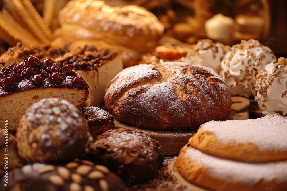 Assortment of sweet and savory baked goods including round loaf with powdered sugar, pastries, cookies, and cakes with cherry, chocolate, and nut toppings. Bakery display with soft lighting. Assortment of sweet and savory baked goods including round loaf with powdered sugar, pastries, cookies, and cakes with cherry, chocolate, and nut toppings. Bakery display with soft lighting.
