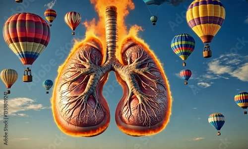 Unhealthy lungs engulfed in flames lifted by colorful balloons representing hope and transformation, created with Generative AI technology