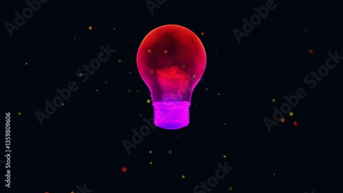 A glowing light bulb filled with fiery energy illuminates a dark backdrop with sparkling particles