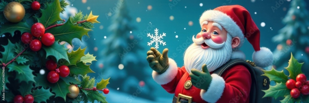 Cartoon illustration of Santa Claus holding a delicate snowflake amidst festive holly and mistletoe, christmas, claus, holly Cartoon illustration of Santa Claus holding a delicate snowflake amidst festive holly and mistletoe, christmas, claus, holly