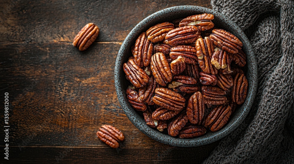 Roasted pecans bowl, wooden table, rustic setting, snack food Roasted pecans bowl, wooden table, rustic setting, snack food