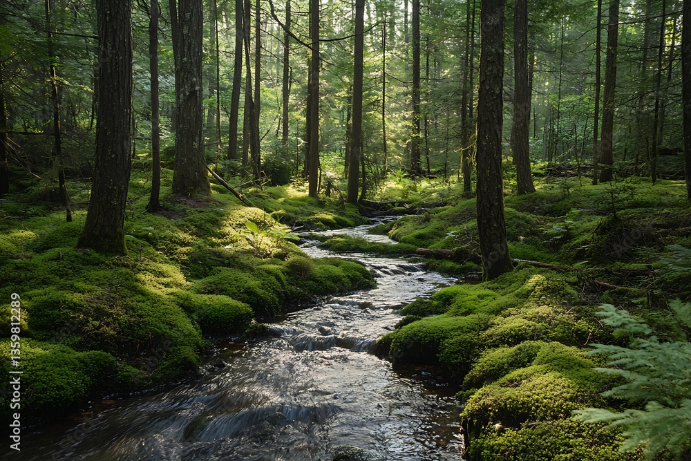 Fototapeta premium realistics spotlight quiet blend of gleam and dusk in a tranquil spot of a mossy forest ground with a mild brook passing through 