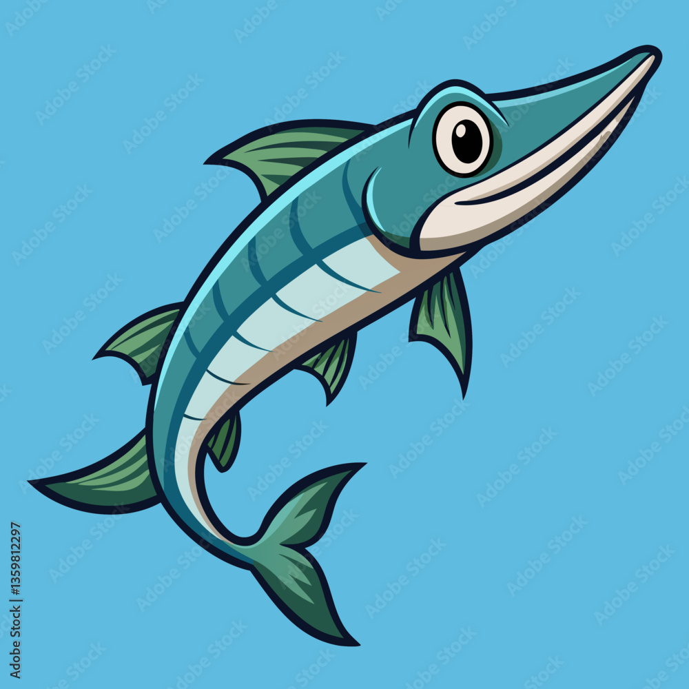 Naklejka premium Barracuda Illustration: An artistic rendering of a barracuda against a vibrant blue backdrop. The fish's streamlined body and sharp features are emphasized.