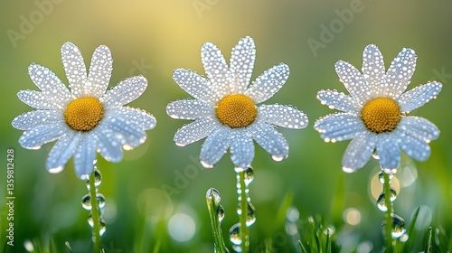 Delicate daisies, adorned with morning dew drops, stand proudly in a grassy field, bathed in the soft glow of sunrise