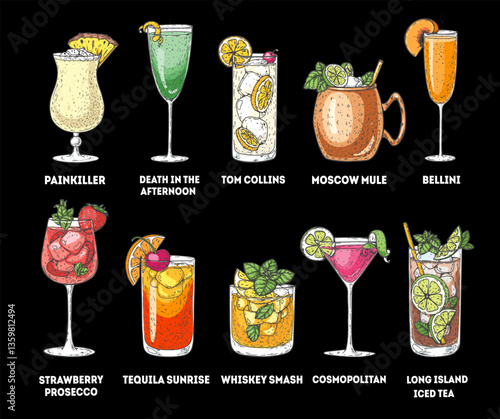 Alcoholic cocktails hand drawn vector illustration. Cocktail glass set. Cognac, brandy, vodka, tequila, whiskey, champagne, wine cocktails.