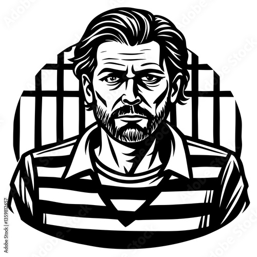 Prisoner Portrait: A stern-faced man with a beard, wearing a striped prison shirt, stares intensely. The background subtly hints at prison bars.