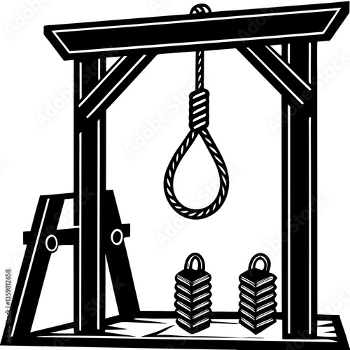 Gallows Symbolism: A stark depiction of the gallows, a stark illustration with a noose and a sense of finality, inviting introspection on mortality and justice.