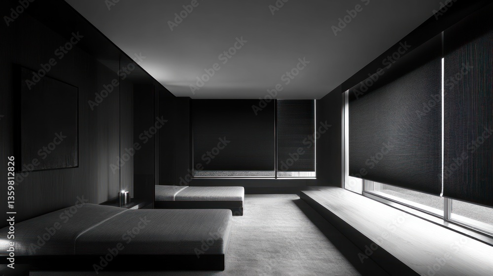 Minimalist bedroom with two beds and large windows covered by dark shades. Minimalist bedroom with two beds and large windows covered by dark shades.
