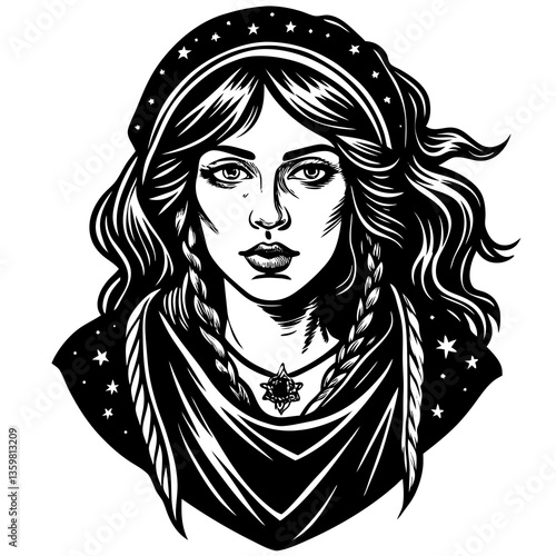 Mystical Portrait: A captivating illustration of a woman with long, flowing hair, adorned with a head covering embellished with celestial stars and a necklace