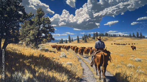 Wallpaper Mural Cattle drive from the perspective of wrangler, grassland, trees, sky, and cattle, Eastern Washington State Torontodigital.ca
