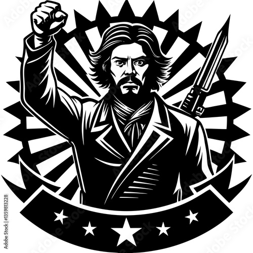 Revolutionary Silhouette: A strong black and white silhouette of a historical figure with his fist raised in defiance, with a striking and dynamic display of solidarity and struggle.