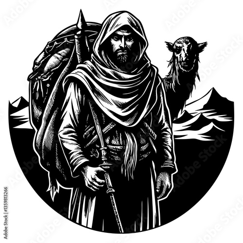 Ancient Nomad in the Desert: A stoic nomad, cloaked in traditional garments, stands resolute amidst the vast desert landscape, his gaze fixed towards the horizon.