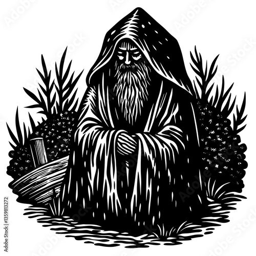 Monochrome Seer: A contemplative illustration of a hooded sage with flowing beard, rendered in striking black and white against a background of dense foliage and ancient wood.