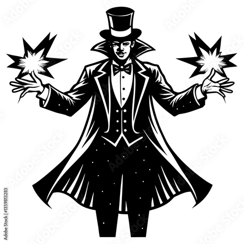 Magic Performer: A magician in classic attire, exuding an air of mystery, conjures with two radiant bursts of magical energy. Capturing the essence of performance.