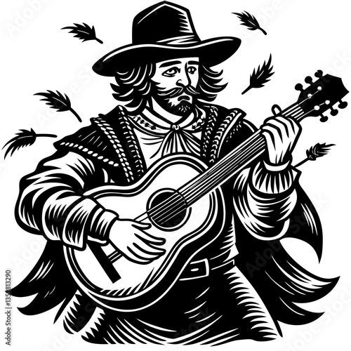 A Man in Renaissance Playing Guitar: A man in renaissance attire plays a guitar with feathered elements, a striking illustration for music and heritage.