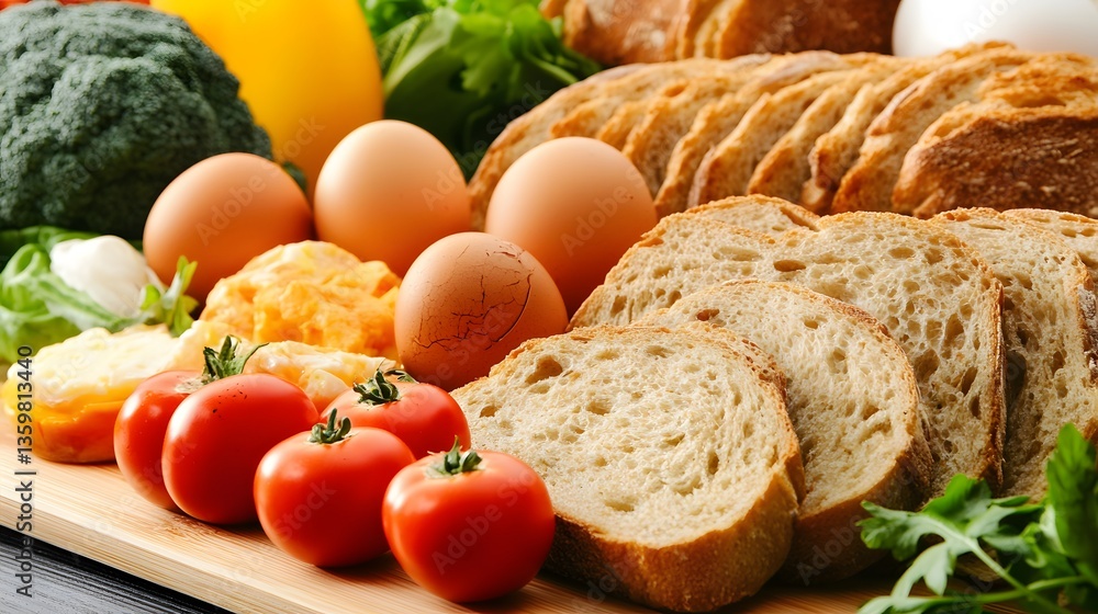 Fresh Bread, Eggs, Tomatoes and Vegetables Still Life Fresh Bread, Eggs, Tomatoes and Vegetables Still Life